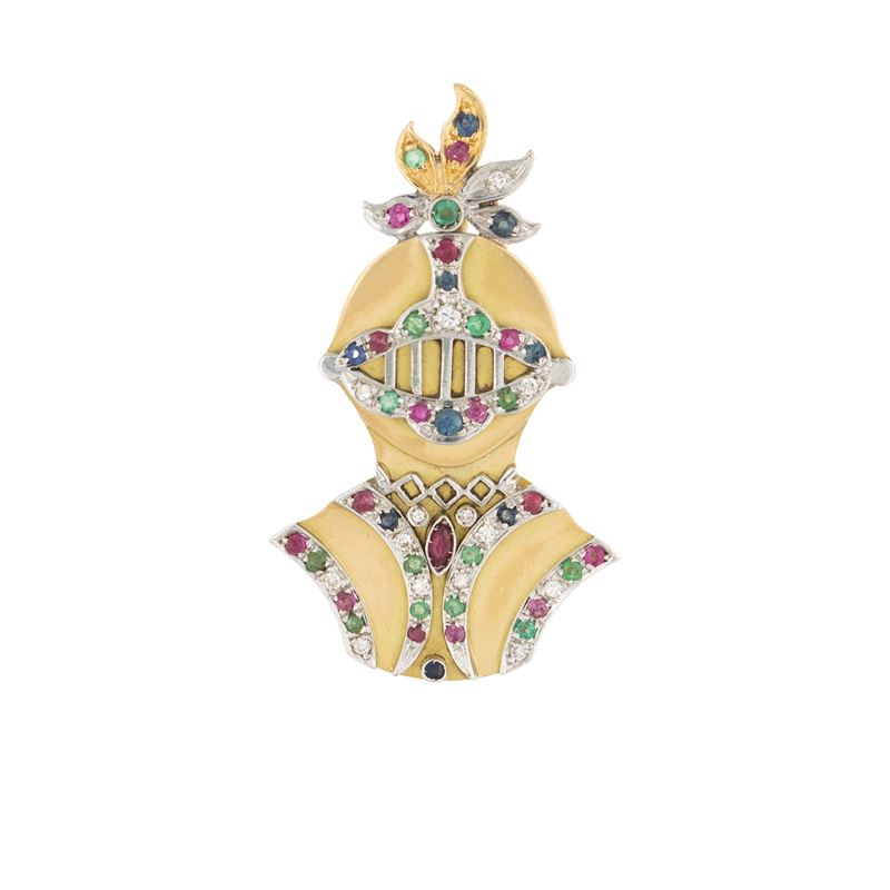 Pendente raffigurante armatura in oro a due colori 18kt