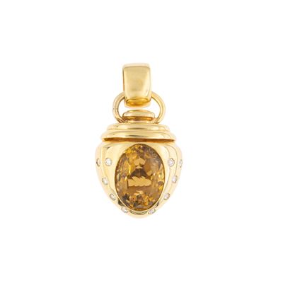 Pendente in oro giallo 18kt con quarzo citrino e diamanti, 20 gr.