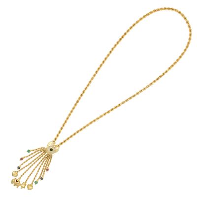 Collana in oro giallo 18kt a torchon con pendenti di smeraldi, rubini e zaffiri