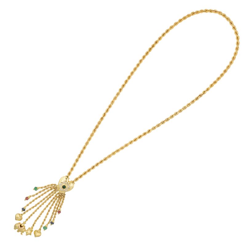 Collana in oro giallo 18kt a torchon con pendenti di smeraldi, rubini e zaffiri