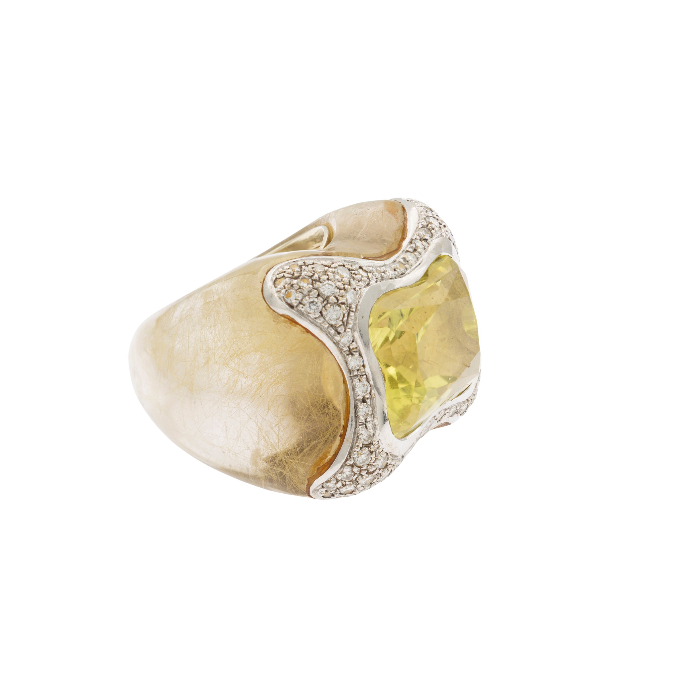 Balocchi, Anello cocktail in oro bianco 18 kt con quarzo rutilato e diamanti