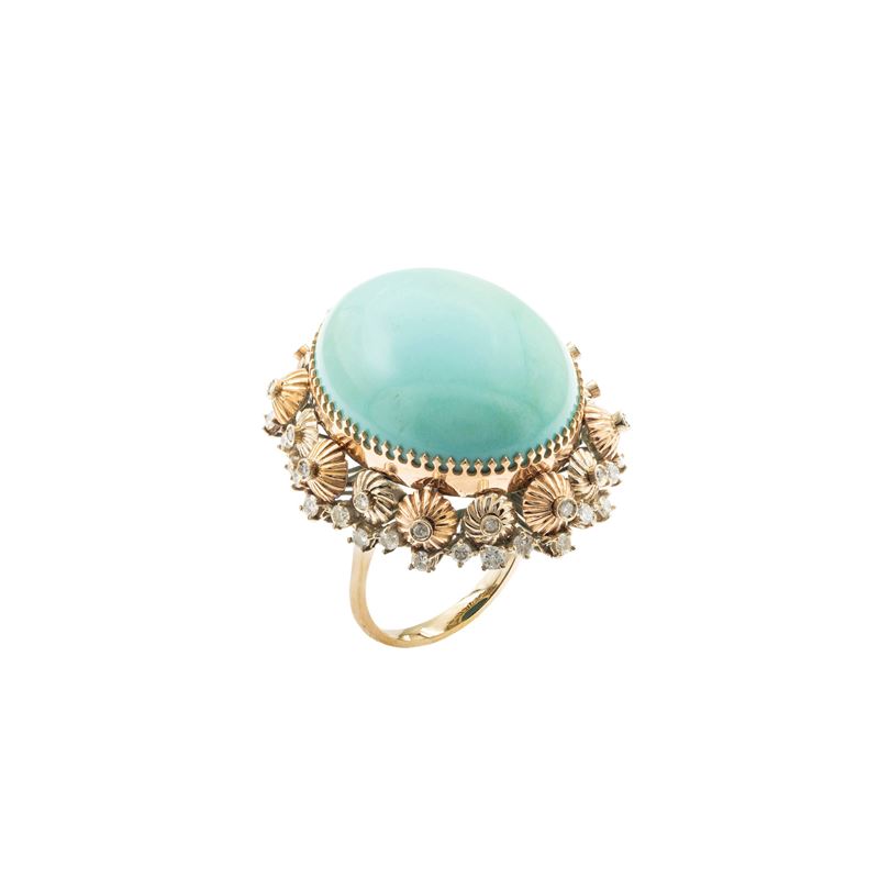 Anello in Oro a Due Colori 18kt con Grande Turchese Naturale