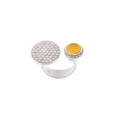 Anello in Oro Bianco 18kt Quarzo Citrino Cabochon e Diamanti