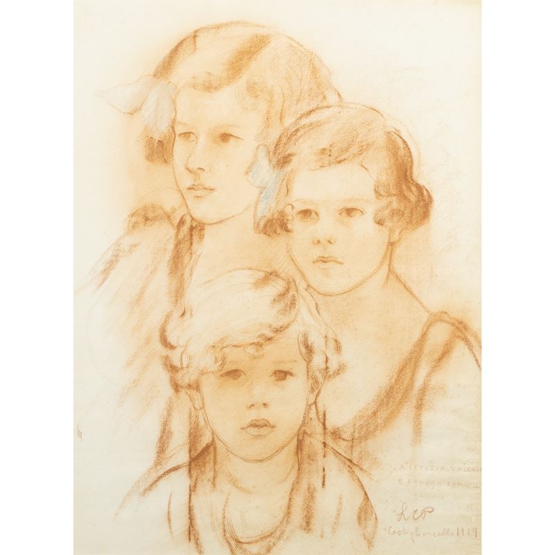 Leonetta Cecchi Pieraccini - Ritratti di Letizia, Valeria e Sandro Samuelli, 1929, sanguigna e pa...