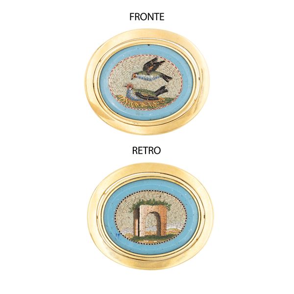 Spilla in oro giallo 18kt con placca basculante in micromosaico