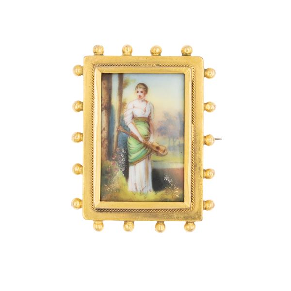 Antica spilla in oro giallo 18kt con placca in porcellana dipinta  (primi '900)  - Asta GIOIELLI E OROLOGI - Colasanti Casa d'Aste