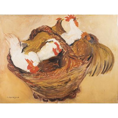 Galline nel cesto, olio su tavoletta, 45x60 cm, ca. 1955