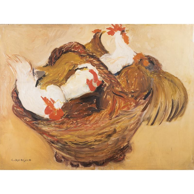 Carlo Quaglia - Galline nel cesto, olio su tavoletta, 45x60 cm, ca. 1955