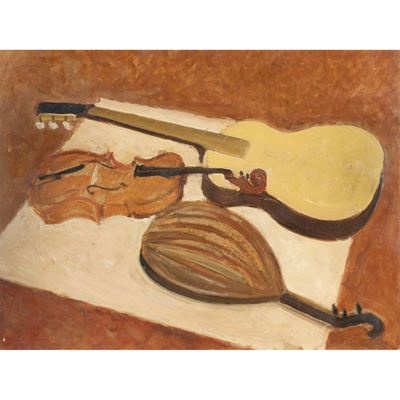 Strumenti musicali, olio su masonite