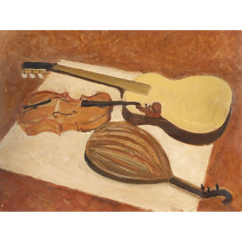 Carlo Quaglia - Strumenti musicali, olio su masonite