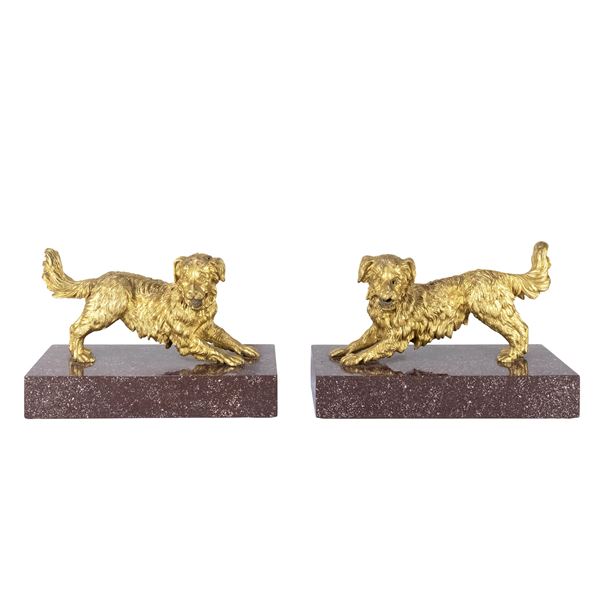 Pair of gilded bronze and porphyry sculptures  (France, 19th century)  - Auction FINE ART, ROMAN MARBLES, OLD MASTER AND 19th PAINTINGS - I - Colasanti Casa d'Aste