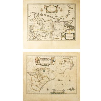 Willem Janszoon Blaeu, Virginiae partis australis et Floridae partis orientalis, incisioni colora...