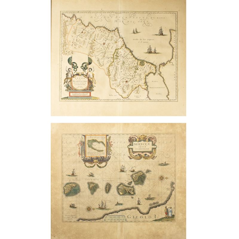 Willem Janszoon Blaeu, 'Fezzae et Marocchi Regna Africae Celeberrima', coppia di incisioni colora...