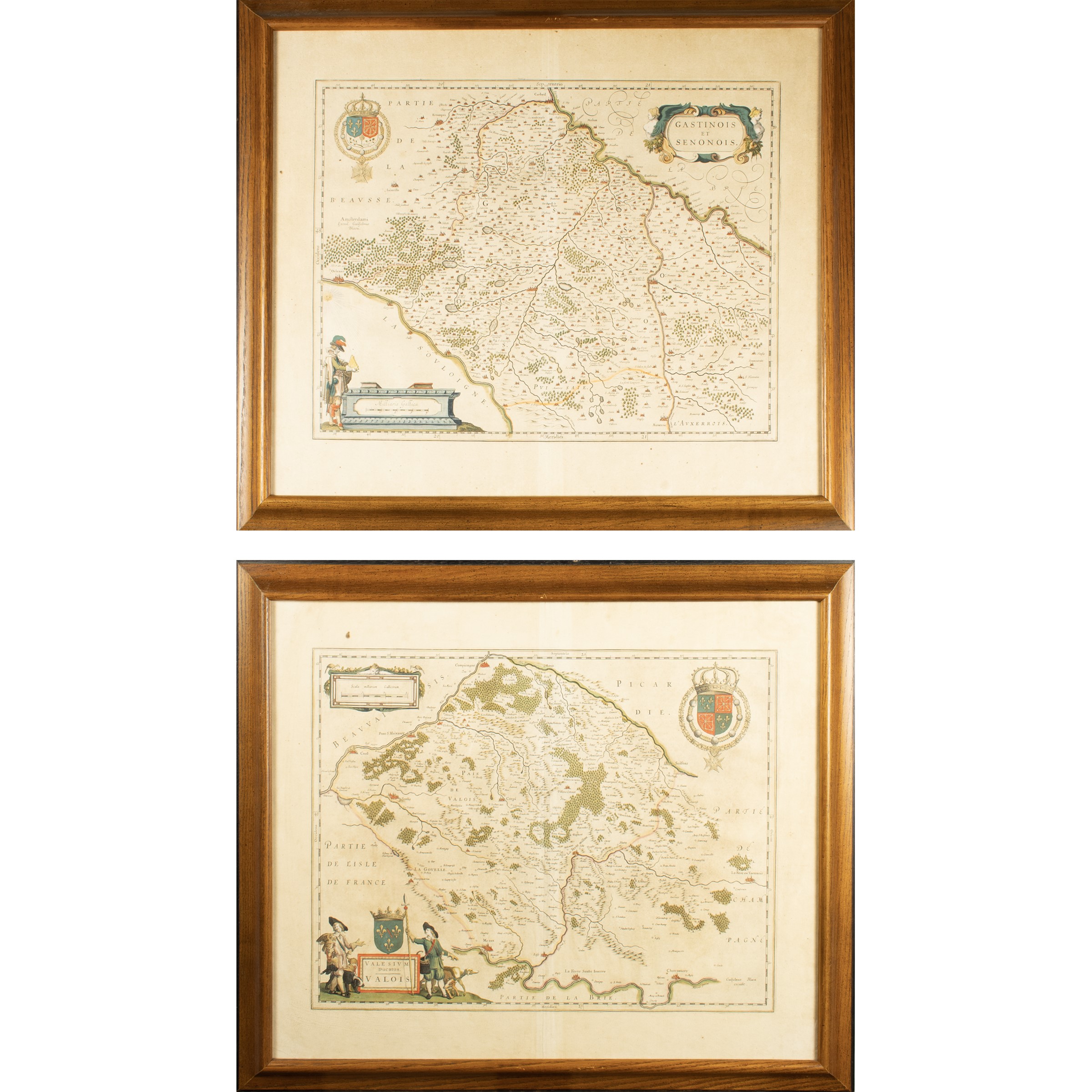 Willem Janszoon Blaeu, 'Gastinois et Senonois - Valesium Ducatus', coppia di incisioni colorate a...
