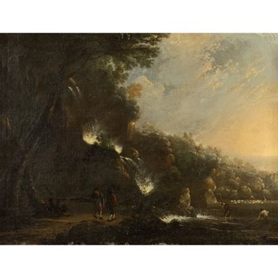 Scuola Fiamminga, Paesaggio con cascata e pescatori, olio su tela