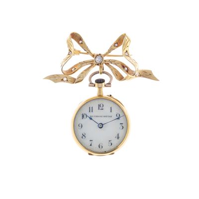 Spilla a fiocco da orologio, oro giallo 18 kt con diamante, primi '900