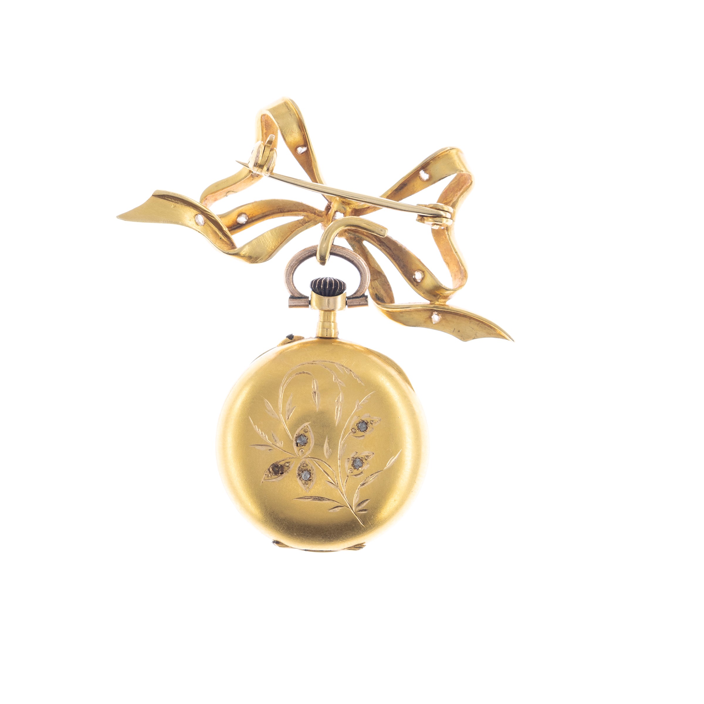 Spilla a fiocco da orologio, oro giallo 18 kt con diamante, primi '900