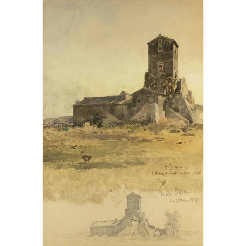 Enrico Coleman, Osteria di ponte Salaria, 1890, acquerello e matita su carta