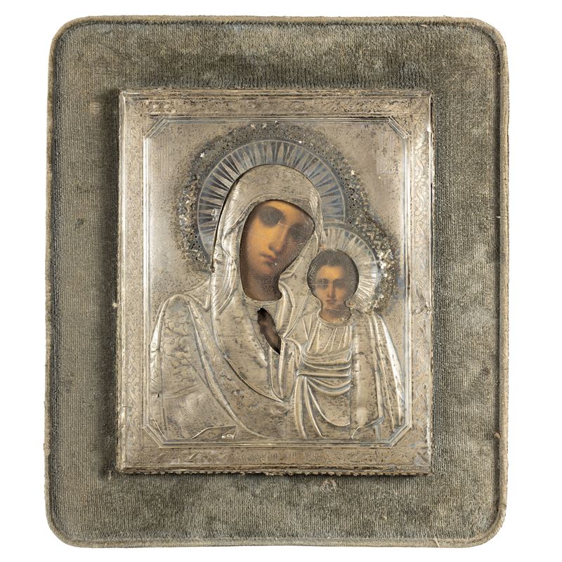 Icona, Madonna di Kazan, tempera su tavola con riza in argento, Russia, XIX Sec.