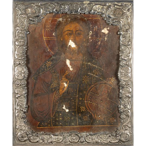 Icon depicting Christ blessing with silver riza