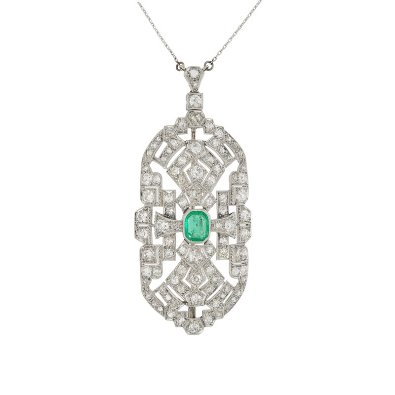 Spilla pendente Decò in platino con smeraldo e diamanti