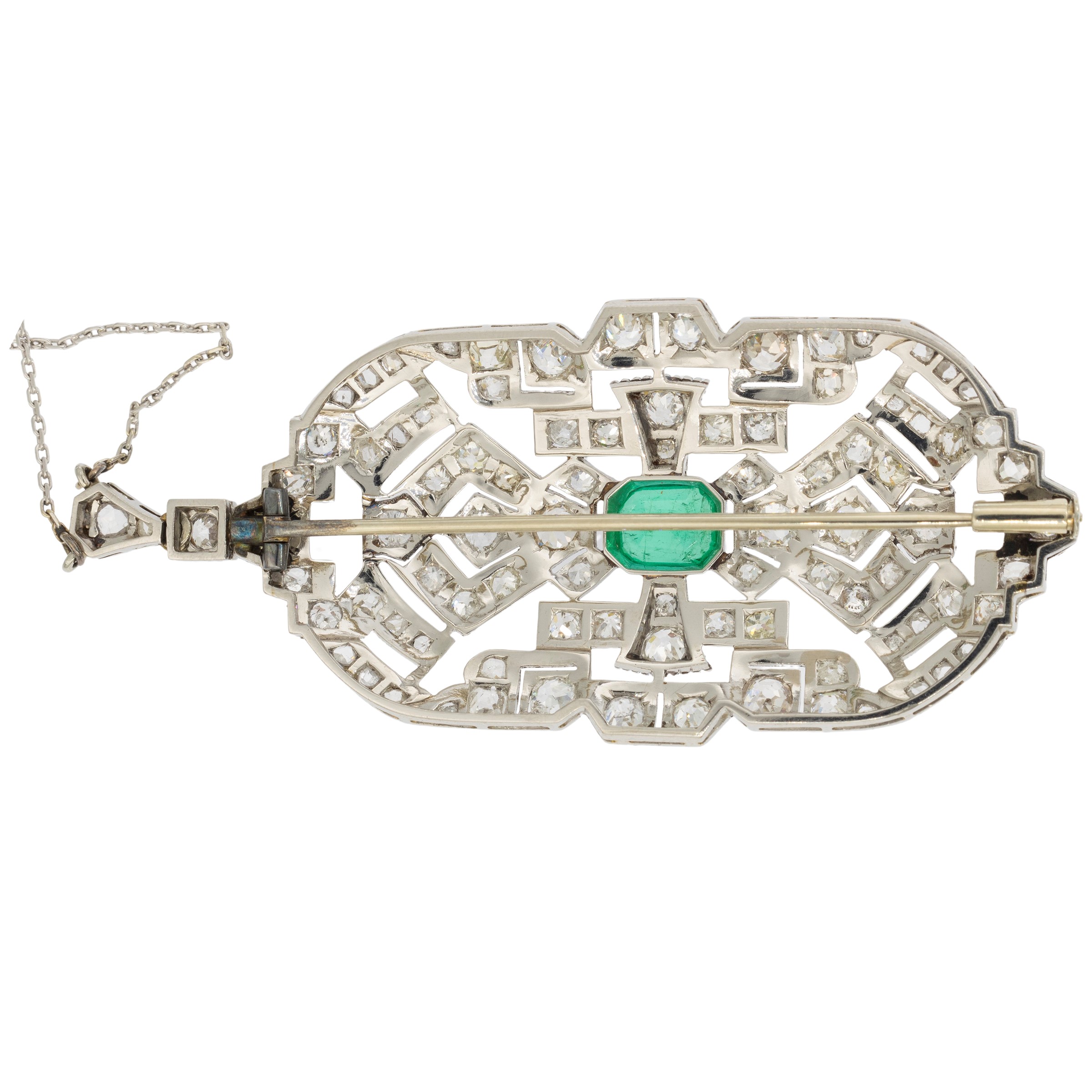 Spilla pendente Decò in platino con smeraldo e diamanti