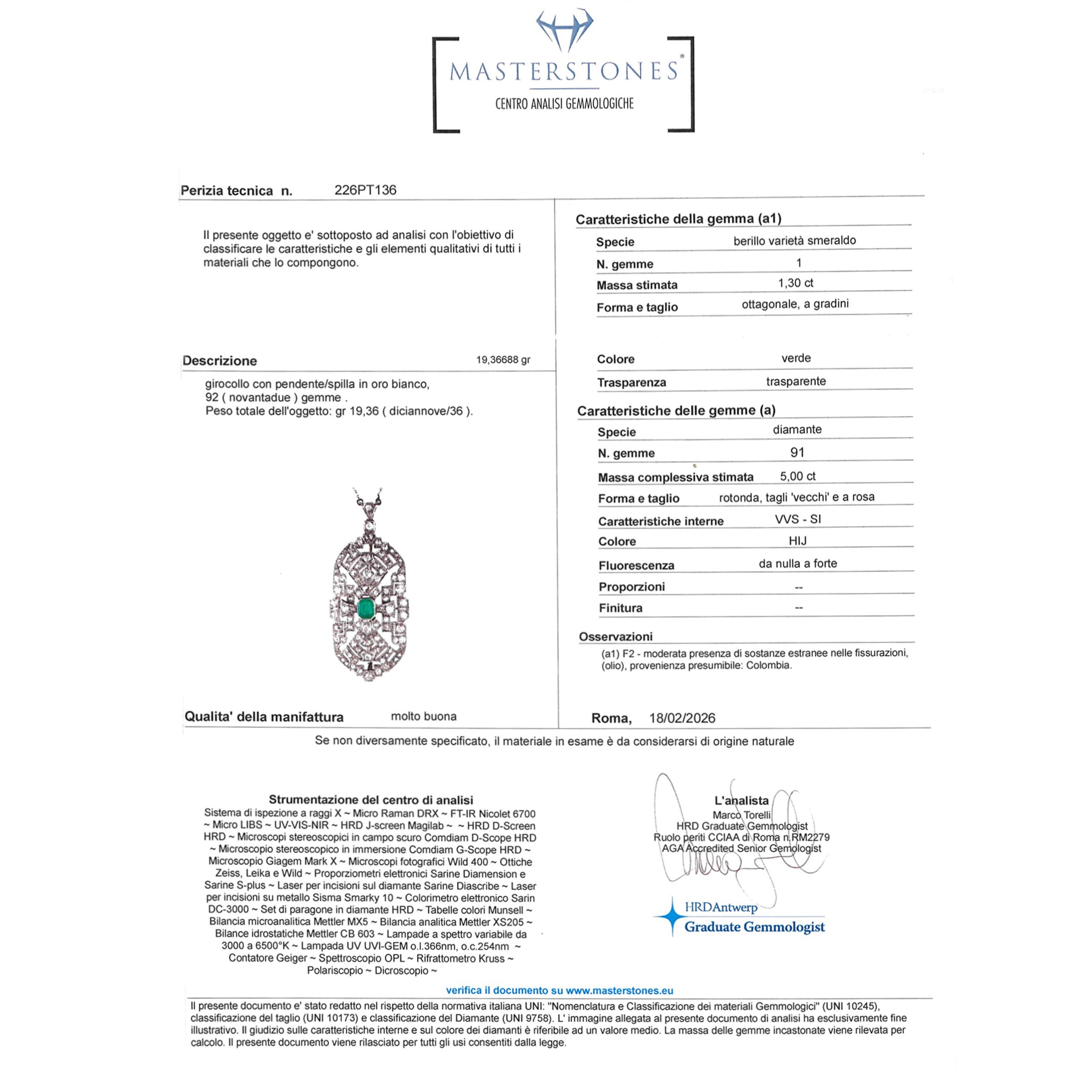 Spilla pendente Decò in platino con smeraldo e diamanti