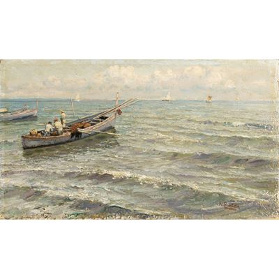 Attilio Pratella, Marina con pescatori, olio su tela