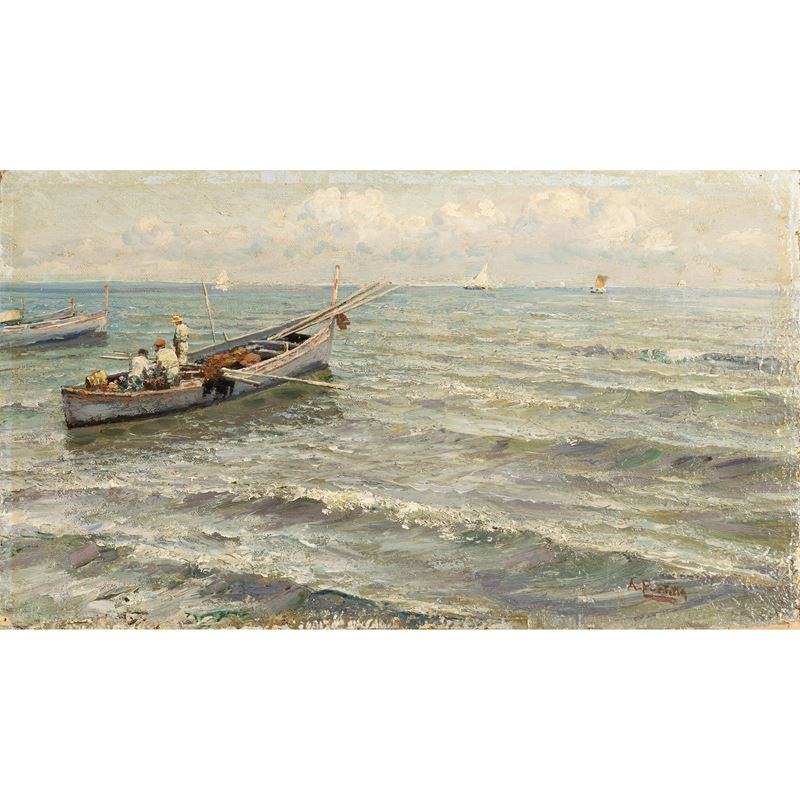 Attilio Pratella, Marina con pescatori, olio su tela