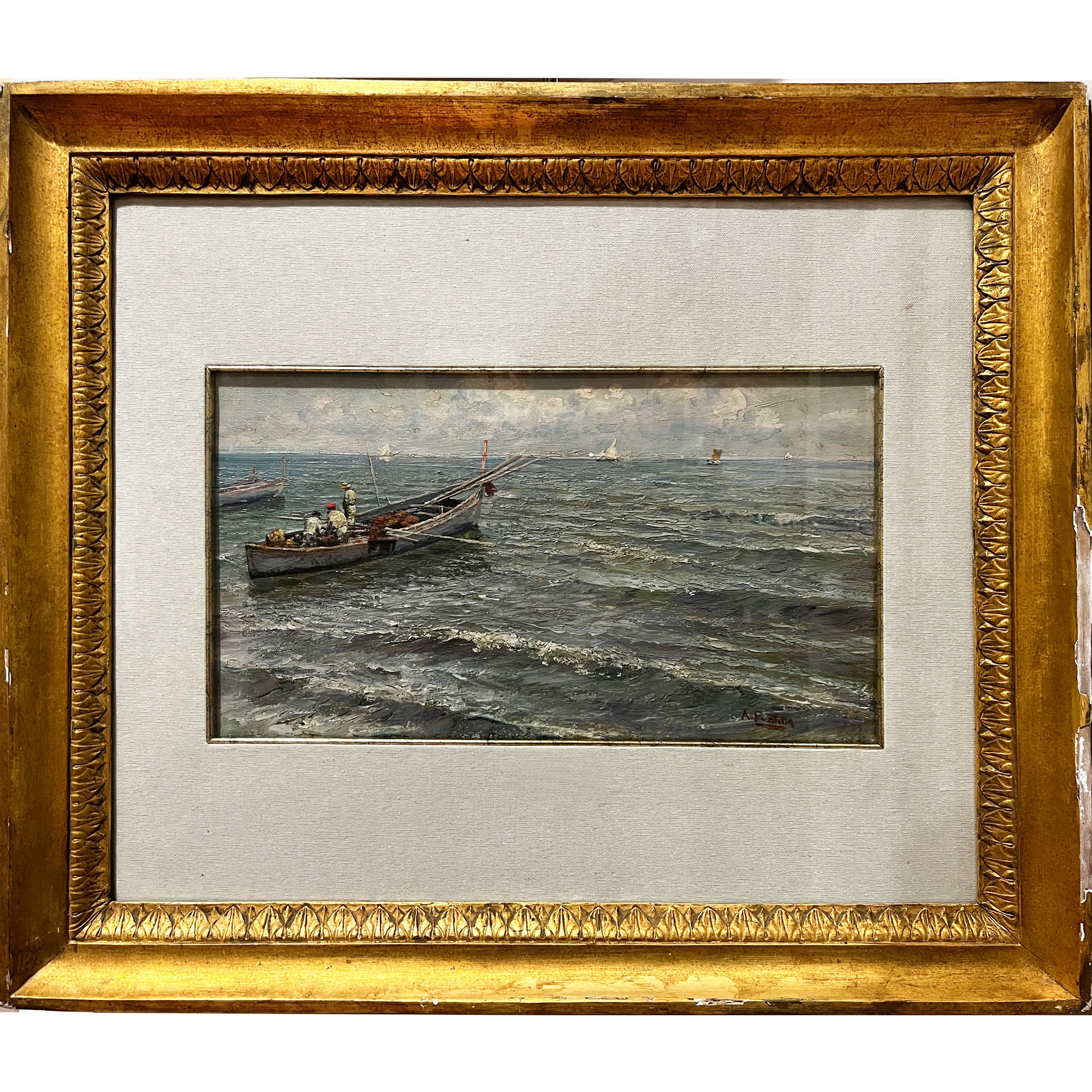 Attilio Pratella, Marina con pescatori, olio su tela
