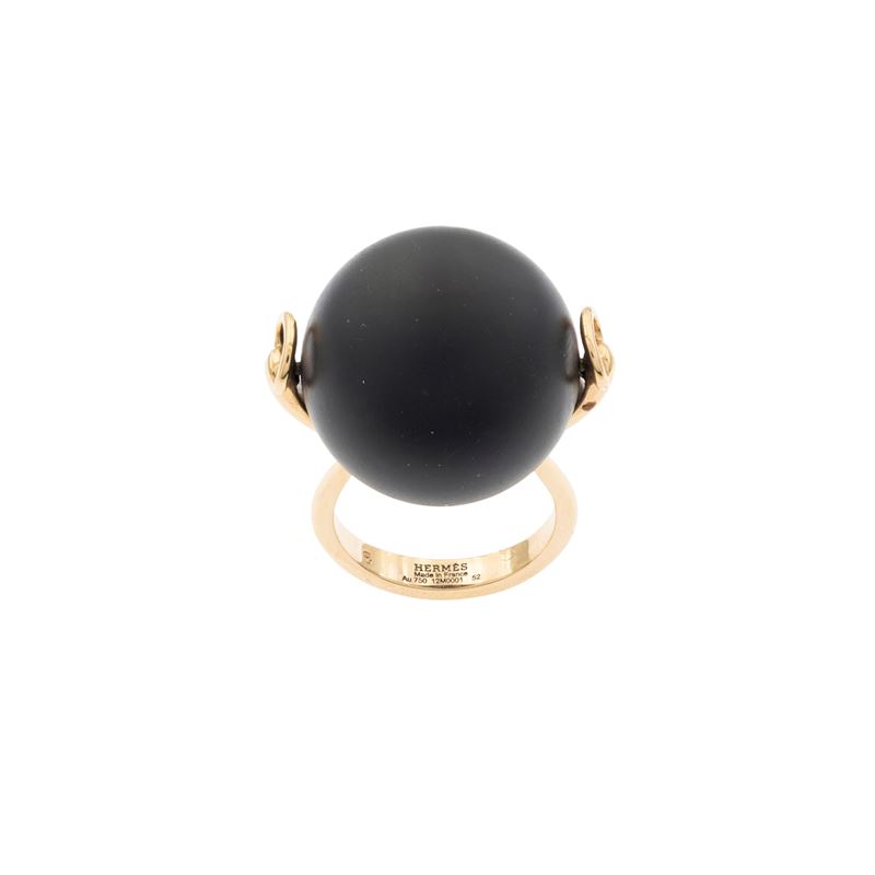 Hermès - Anello in oro rosa 18 kt con sfera girevole in ebano