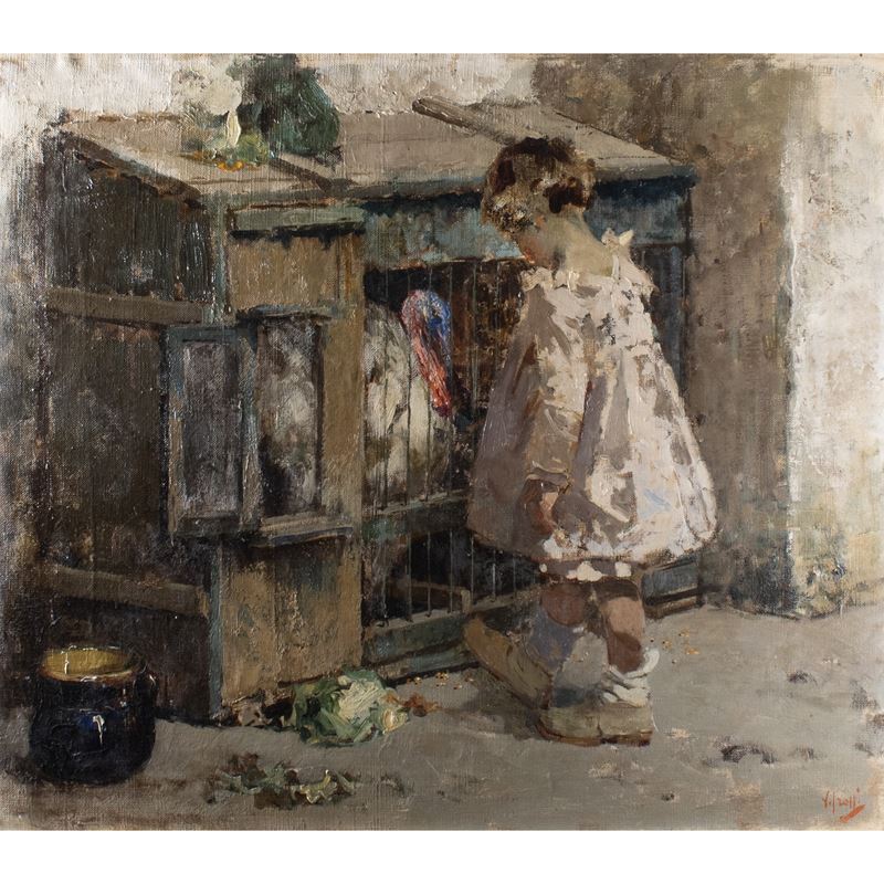 Vincenzo Irolli, Bambina con tacchino, olio su tela