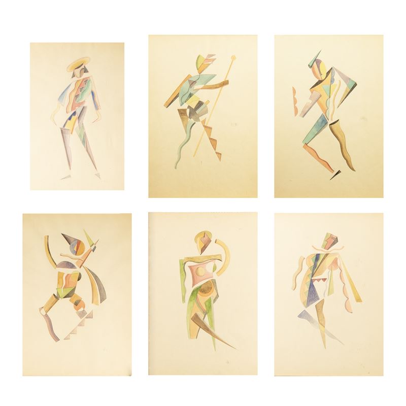 Artista anonimo, Figure stilizzate in costume, sei acquerelli