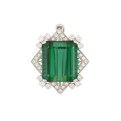 Spilla pendente in oro bianco 18kt con tormalina verde naturale e diamanti