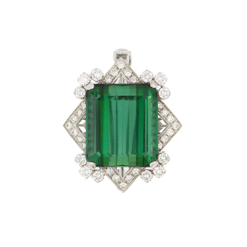 Spilla pendente in oro bianco 18kt con tormalina verde naturale e diamanti