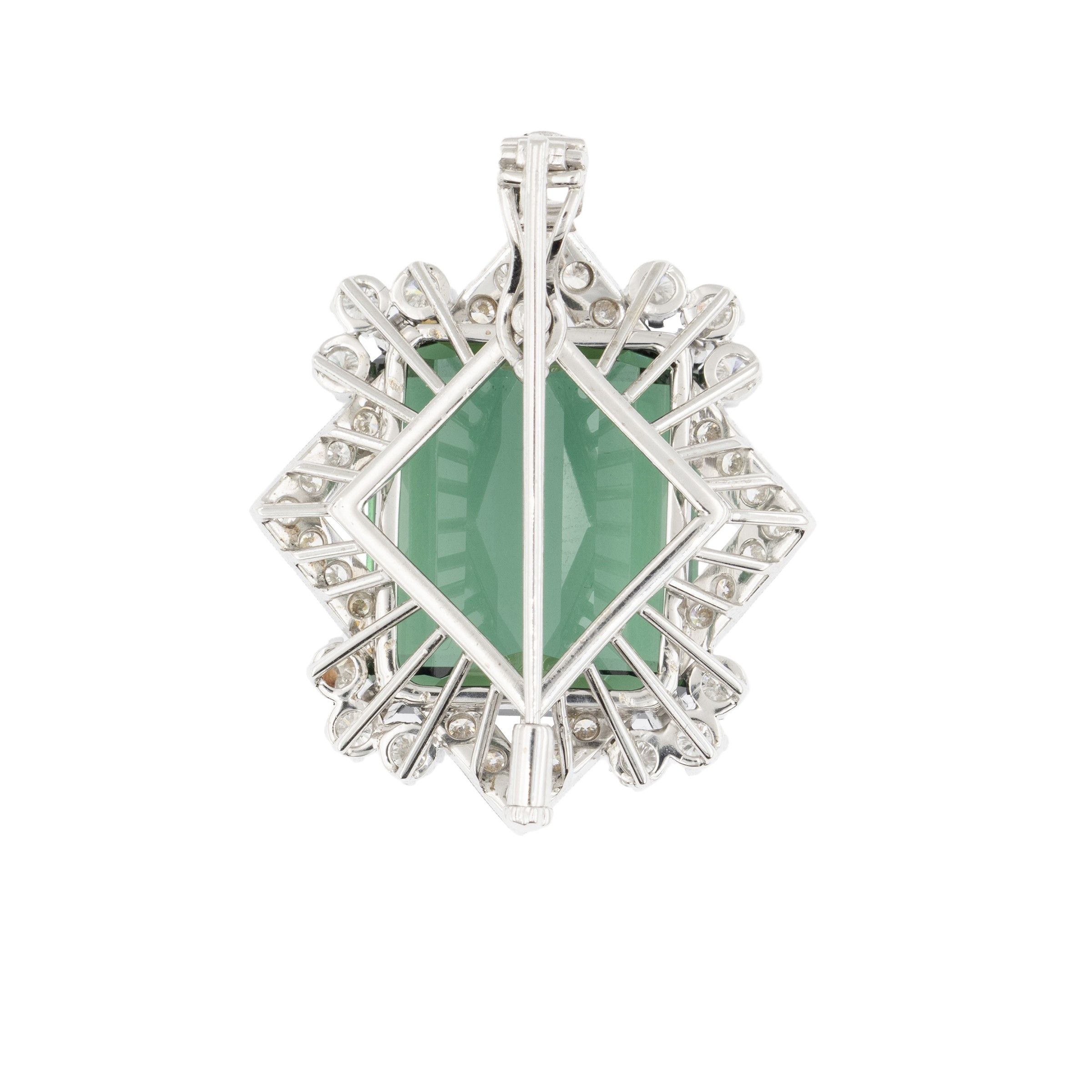 Spilla pendente in oro bianco 18kt con tormalina verde naturale e diamanti