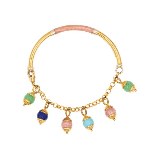 18kt two-color gold and pink enamel bracelet with pendants