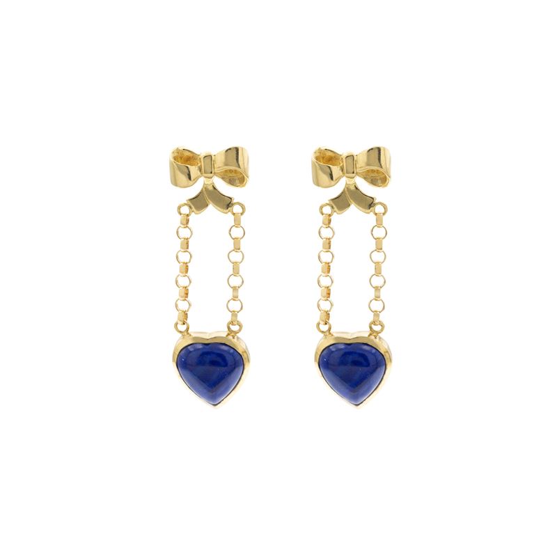 Orecchini pendenti, oro giallo 18 kt con cuori in lapislazzulo