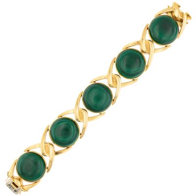 Bracciale in oro giallo 18 kt con inserti in malachite, anni '70
