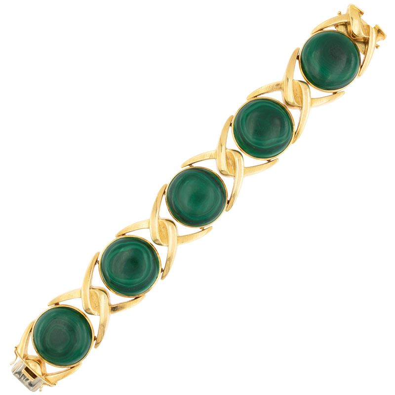 Bracciale in oro giallo 18 kt con inserti in malachite, anni '70