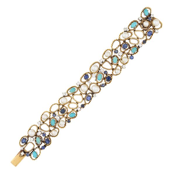 Bracciale in oro giallo 18kt, diamanti, zaffiri, turchesi e perle coltivate