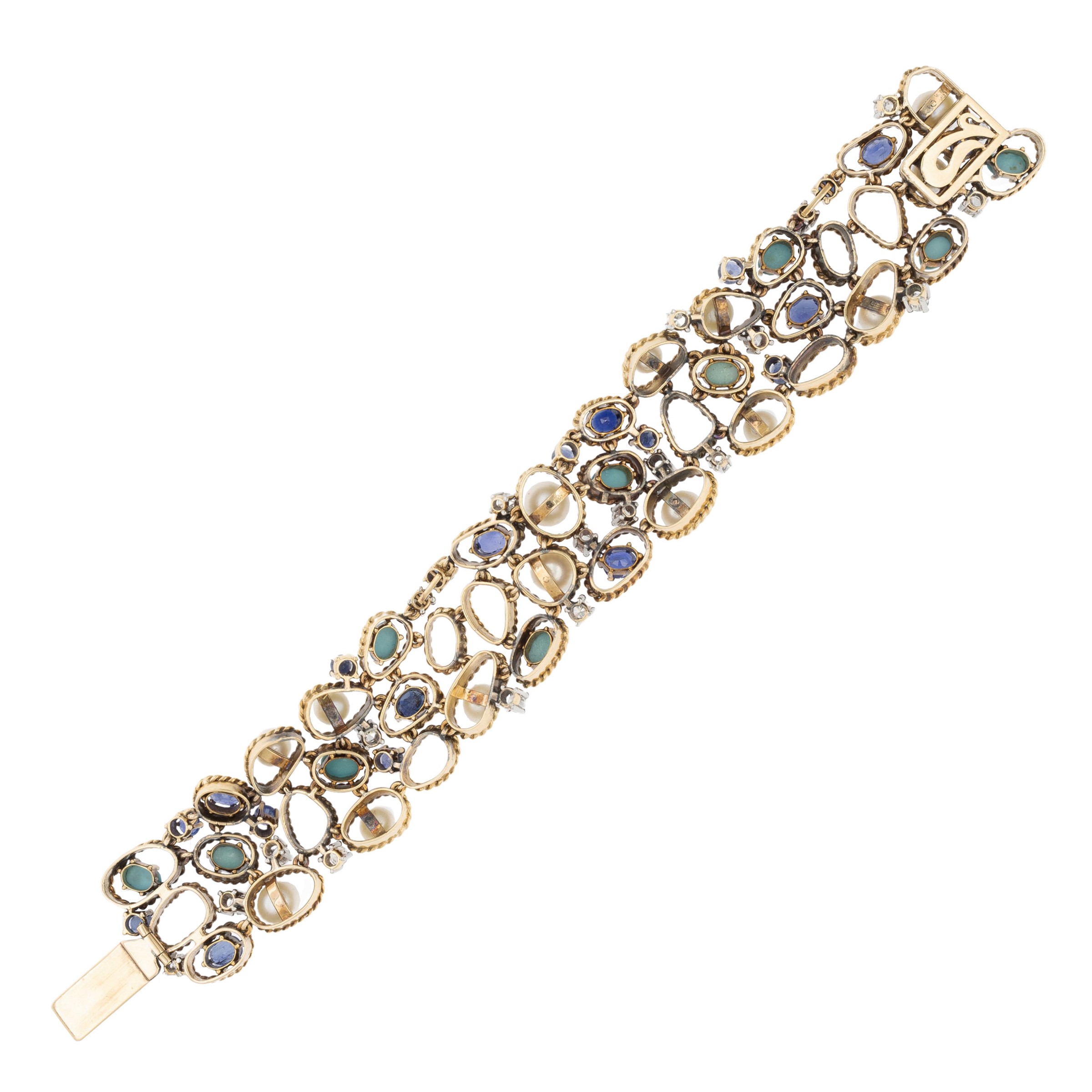Bracciale in oro giallo 18 kt con diamanti, zaffiri, turchesi e perle coltivate