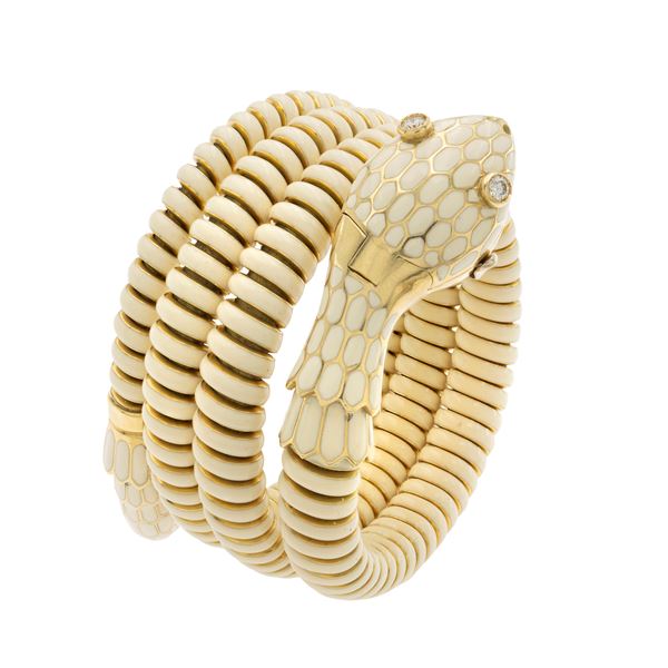 Bracciale orologio a serpente in oro giallo 18kt, smalto e diamanti