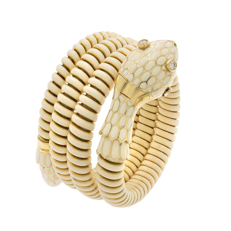 Bracciale orologio a serpente in oro giallo 18kt, smalto e diamanti