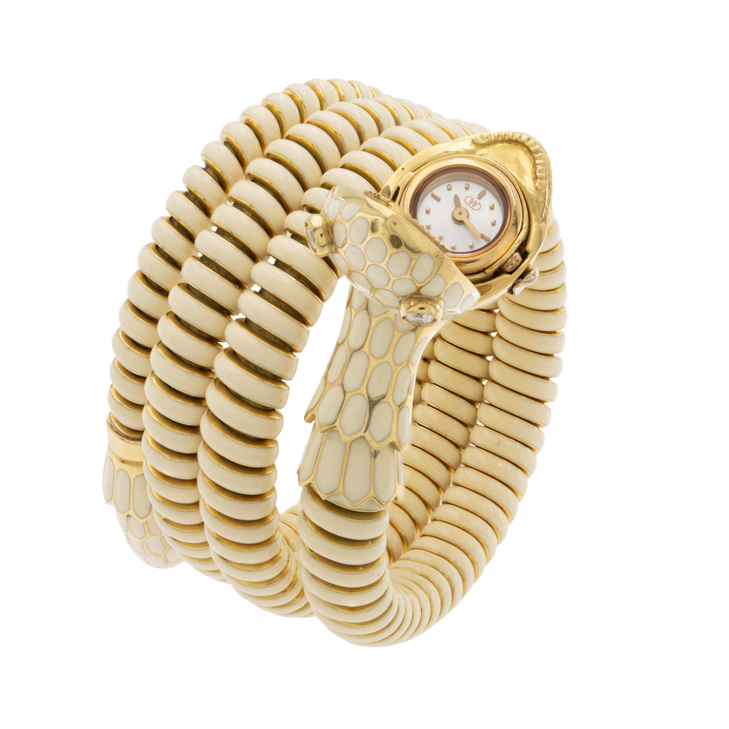 Bracciale orologio a serpente in oro giallo 18kt, smalto e diamanti