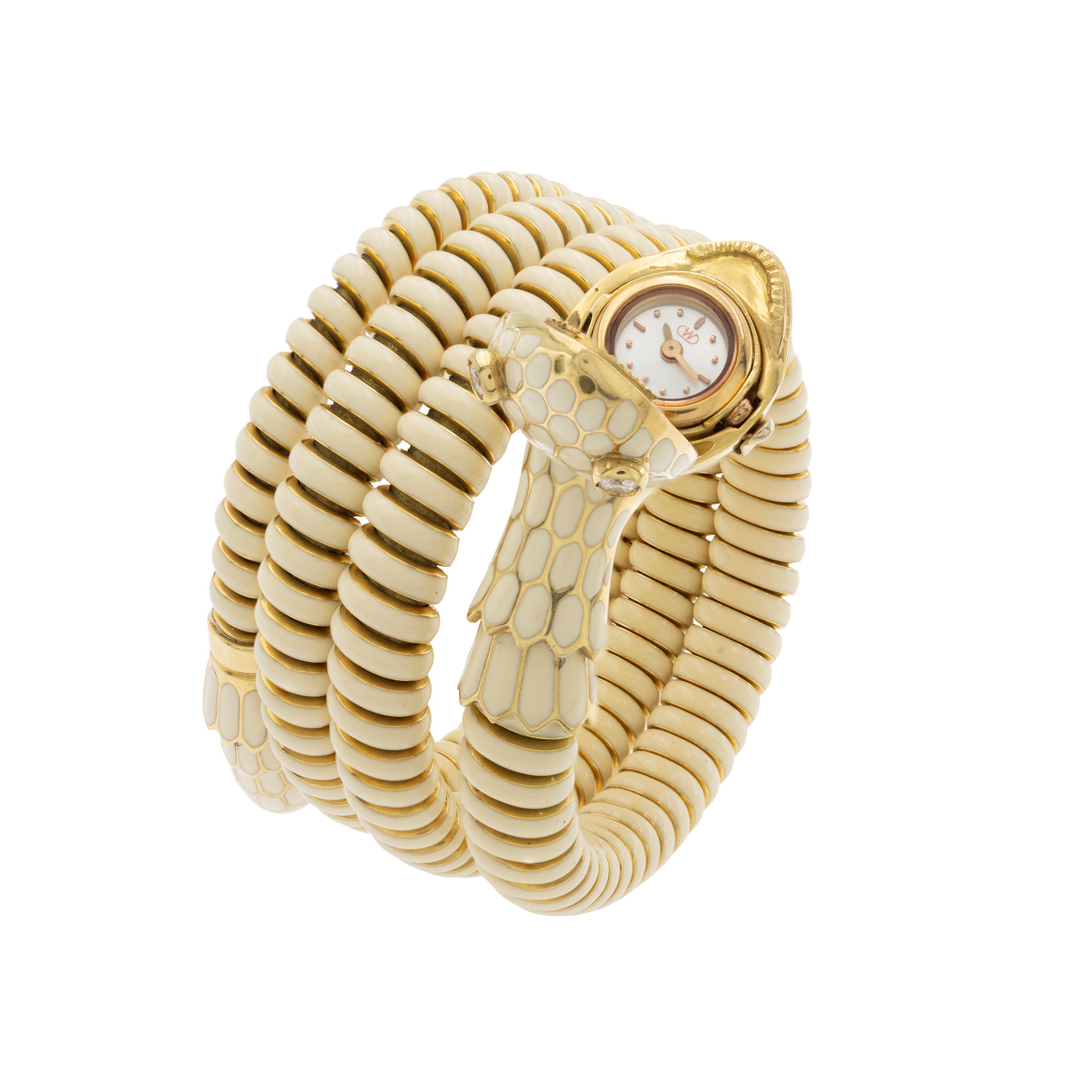 Bracciale orologio a serpente in oro giallo 18kt, smalto e diamanti