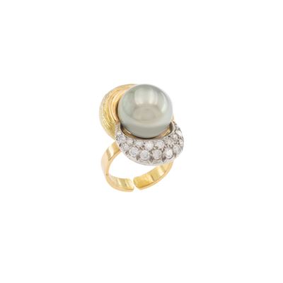 Anello in oro a due colori 18kt con perla South Sea grigia e diamanti, 24 gr.