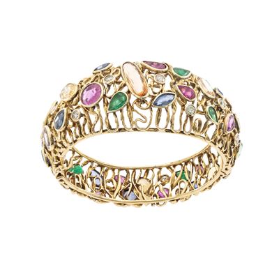 Bracciale a manetta in oro giallo 14kt con diamanti, rubini, smeraldi, zaffiri e citrini