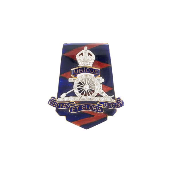 Spilla Regimental in oro a due colori 18kt smalto policromo e diamanti