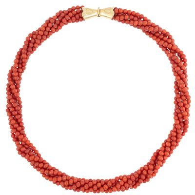 Cuomo, Collana a torchon di corallo rosso mediterraneo, 52 cm, oro giallo 18kt
